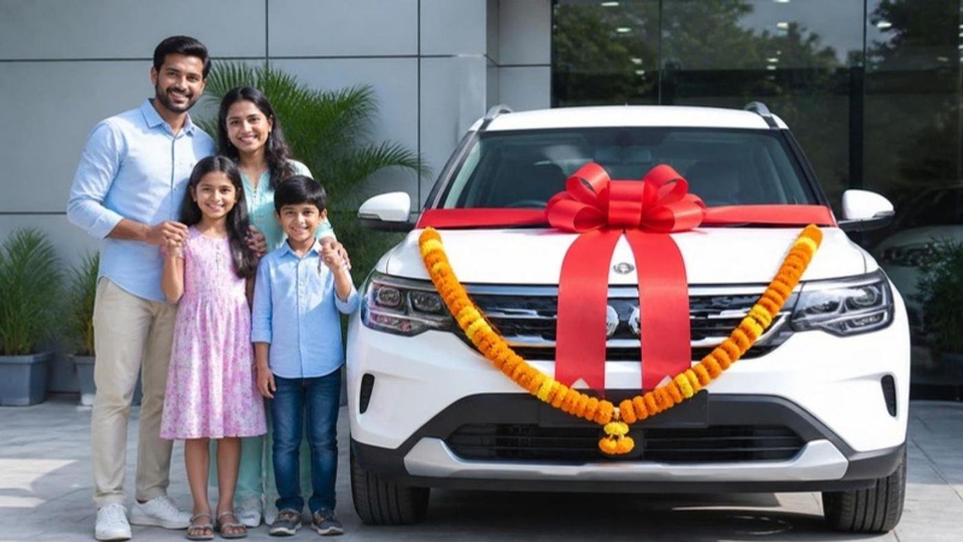 A family of four beside their new car decorated with a ribbon and marigold garland